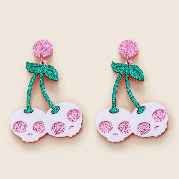 NEW Punk Skull Glitter Cherry Drop Dangle Earrings, pink - Picture 5 of 6